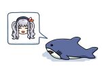  1girl beret black_hat closed_eyes grey_hair hama!_(3toshinhmkz) hat head_only kantai_collection kashima_(kancolle) long_hair no_humans no_nose simple_background smile speech_bubble stuffed_animal stuffed_shark stuffed_toy white_background 