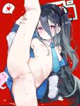  &lt;key&gt;_(blue_archive) 1girl absurdres after_vaginal black_hair blue_archive blue_necktie blush breasts censored commentary_request cowboy_shot cum cum_in_pussy cum_string detached_collar hair_between_eyes halo haniwa_(statue) heart highres jacket leg_lift leg_up long_bangs long_hair looking_at_viewer mosaic_censoring naked_jacket necktie nipples nude open_clothes open_jacket pink_eyes pussy red_background simple_background small_breasts solo split spoken_heart standing standing_on_one_leg standing_split sweat teranekosu variant_set very_long_hair 