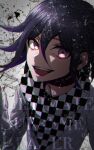  1boy backlighting blurry buttons checkered_clothes checkered_scarf chromatic_aberration danganronpa_(series) danganronpa_v3:_killing_harmony depth_of_field english_text flipped_hair glass hair_between_eyes highres long_sleeves looking_at_viewer male_focus oma_kokichi open_mouth purple_eyes purple_hair scarf short_hair smile solo straitjacket teeth upper_body zerusu_(gelus) 