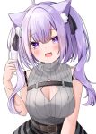  1girl absurdres ahoge animal_ear_fluff belt black_ribbon blush breasts brown_belt cat_girl chest_belt cleavage cleavage_cutout clothing_cutout double-parted_bangs hair_ribbon highres hololive large_breasts looking_at_viewer nekomata_okayu nekomata_okayu_(8th_costume) ohagetty open_mouth purple_eyes purple_hair ribbon skirt solo twintails virtual_youtuber white_background 