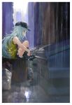  1girl blue_hair brown_eyes dirty g11_(girls&#039;_frontline) girls&#039;_frontline green_socks hat highres long_hair mush outdoors rain shorts sitting sleeveless socks solo trash_can 