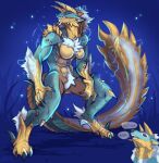 abs anthro breasts canid canine capcom claws dragon electricity fanged_wyvern female fur hair hi_res horn mammal monster monster_hunter muscular mythological_creature mythological_scalie mythology saltyserpent scalie simple_background sketch solo spikes tail zinogre