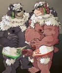  2boys ainu_clothes animal_ears bara bear_boy bear_ears belly black_sclera brown_fur chest_hair chest_tuft colored_sclera dark_persona eye_contact facepaint fat fat_man from_side furry furry_male furry_with_furry girthy_penis green_eyes headband highres huge_eyebrows kimun_kamui_(housamo) looking_at_another male_focus multiple_boys muscular muscular_male penis penises_touching precum precum_drip profile scar scar_on_face scar_on_mouth selfcest tokyo_afterschool_summoners white_hair yaoi yazoe 