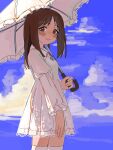  1girl alternate_costume azumanga_daioh blue_sky blush brown_eyes brown_hair cloud cross cross_necklace dress highres holding holding_umbrella jewelry kasuga_ayumu kyuunn lolita_fashion long_sleeves looking_at_viewer medium_hair necklace sky smile solo thighhighs umbrella white_dress white_thighhighs white_umbrella 