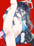  1girl absurdres after_vaginal aris_(blue_archive) black_hair blue_archive blue_eyes blue_necktie blush breasts censored commentary_request cowboy_shot cum cum_in_pussy cum_string detached_collar frown hair_between_eyes halo haniwa_(statue) highres jacket leg_lift leg_up long_bangs long_hair looking_at_viewer mosaic_censoring naked_jacket necktie nipples nude open_clothes open_jacket pussy red_background simple_background small_breasts solo split standing standing_on_one_leg standing_split sweat teranekosu v-shaped_eyebrows variant_set very_long_hair 