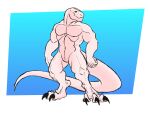 2022 3_toes abstract_background albino anthro claws daxlmonitor dinosaur feet long_tail male muscular red_eyes reptile scalie smile solo tail tapering_tail toe_claws toes