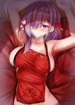  1girl absurdres armpits azur_lane braid breasts cleavage flower french_braid hair_flower hair_ornament hair_over_one_eye heart heart-shaped_pupils highres large_breasts looking_at_viewer lumu_yuanxiang lying medium_hair on_back on_bed penelope_(azur_lane) penelope_(ruby-red_boudoir)_(azur_lane) purple_eyes purple_hair red_flower shadow solo symbol-shaped_pupils taut_clothes 