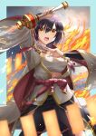  1girl arms_up bangs black_hair blurry breasts eyebrows_visible_through_hair fire hair_between_eyes highres holding holding_weapon kanaria_(kanari_as) looking_at_viewer open_mouth puzzle_&amp;_dragons seina_(p&amp;d) short_hair sidelocks solo standing upper_body weapon yellow_eyes 