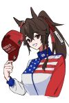  1girl american_flag american_flag_jacket braid brown_hair closed_jacket clothes_writing collared_jacket forever_young_(racehorse) hair_between_eyes hat high_ponytail highres holding holding_clothes holding_hat jacket japanese_flag long_hair long_sleeves looking_at_viewer multicolored_hair original ponytail red_hat simple_background single_braid solo two-tone_hair umamusume unworn_hat unworn_headwear user_axvv5872 white_background 