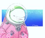  1girl beluga_whale blue_background bodysuit cappuccino1 character_name closed_eyes gnosia happy helmet highres looking_at_viewer otome_(gnosia) red_eyes simple_background smile space_helmet spacesuit two-tone_background white_background 