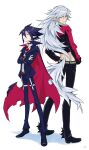  2boys cape crossed_arms disgaea fenrich_(disgaea) full_body gloves hair_between_eyes height_difference highres issa_(sorako45) long_hair makai_senki_disgaea_4 male_focus multiple_boys pants pointy_ears red_eyes shoes tail valvatorez_(disgaea) werewolf white_background white_gloves wolf_tail 