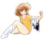  1980s_(style) 1girl azuma_hideo bob_cut breasts brown_eyes brown_hair full_body hairband kneehighs leotard lowres medium_breasts midair nanako_(nanako_sos) nanako_sos official_art open_mouth retro_artstyle sailor_collar sitting socks solo traditional_media unworn_shirt white_background 