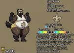 anthro belly big_belly bishop_(wbu) bottomwear brown_body character_name clothed clothing digital_media_(artwork) english_text fur hair hyena logo male mammal model_sheet moobs new_orleans_saints nfl overweight overweight_anthro overweight_male pixel_(artwork) shirt shorts simple_background smile solo sport standing tail tank_top text thick_thighs topwear wbu