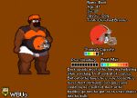 anthro belly big_belly bottomwear brown_body buck_(wbu) bulge canid canine canis character_name cleveland_browns clothed clothing digital_media_(artwork) domestic_dog english_text football_helmet hat headgear headwear logo male mammal model_sheet moobs nfl overweight overweight_anthro overweight_male shorts simple_background solo sport text topwear wbu