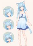  1girl absurdres animal_ear_fluff animal_ears barefoot blue_dress blue_eyes blue_hair blush breasts cat_ears cat_girl cat_tail dress expressionless expressions full_body highres large_breasts long_hair mao_lian_(nekokao) original shaded_face short_dress simple_background sleeveless sleeveless_dress standing tail 