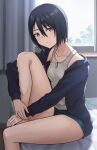  1girl black_hair bob_cut breasts closed_mouth commentary_request hair_between_eyes hashi holding_own_leg hood hoodie looking_at_viewer original short_hair short_shorts shorts simple_background sitting small_breasts smile solo tank_top thighs 