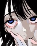  1girl black_hair black_nails blue_eyes close-up closed_mouth eyelashes eyelid_pull hand_on_own_cheek hand_on_own_face highres looking_at_viewer nail_polish original portrait rolling_eyes solo urokogaran 
