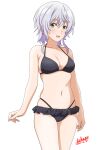  1girl bikini black_bikini breasts cleavage collarbone cowboy_shot dated frilled_bikini frills green_eyes grey_hair jaku-chara_tomozaki-kun kikuchi_fuuka medium_breasts multi-strapped_bikini_bottom navel sakayaya short_hair signature simple_background solo swimsuit white_background 