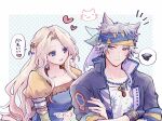 1boy 1girl animal_ears black_jacket blonde_hair blue_shirt blush cat cat_ears celes_chere closed_mouth collarbone commentary_request crossed_arms final_fantasy final_fantasy_vi grey_hair hair_ornament head_scarf heart jacket jewelry juliet_sleeves locke_cole long_hair long_sleeves looking_at_another necklace open_clothes open_jacket open_mouth outside_border pan_ff6 parted_bangs popped_collar puffy_sleeves shirt short_hair sidelocks spoken_squiggle squiggle sweatdrop upper_body white_shirt yellow_jacket 