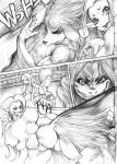 anthro big_breasts biped breasts canid canine clothed clothing comic duo equid equine exclamation_point female fight fur hair kick laugh male mammal marudi multi_breast muscular muscular_anthro muscular_female muscular_male open_mouth panties smile tongue tongue_out topless traditional_media_(artwork) underwear