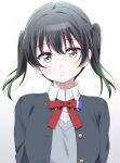  1girl black_hair black_jacket closed_mouth collared_shirt gradient_hair green_eyes green_hair grey_vest jacket looking_at_viewer love_live! love_live!_nijigasaki_high_school_idol_club medium_hair multicolored_hair neck_ribbon nijigasaki_academy_school_uniform portrait red_ribbon ribbon school_uniform shirt sidelocks solo surufuji takasaki_yu twintails upper_body vest white_background white_shirt winter_uniform 