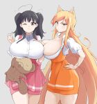  2girls absurdres ahoge animal_ears apron blonde_hair breasts brown_hair buttons cleavage closed_mouth grey_background grey_eyes hand_on_own_chest hand_on_own_hip highres huge_breasts ikigai kumi_(senran_kagura) light_blush light_frown long_hair looking_at_viewer maid_apron medium_hair misato_(senran_kagura) multiple_girls one_eye_closed senran_kagura simple_background tanuki tray unbuttoned unfinished waitress yellow_eyes 