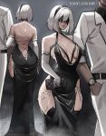  1boy 1girl 2b_(nier:automata) aelion_draws ass backless_dress backless_outfit bag black_blindfold black_dress black_footwear black_hairband blindfold boots breasts chain criss-cross_back-straps dress english_commentary evening_gown gold_chain hairband halter_dress halterneck handbag highres hip_vent holding holding_bag large_breasts meme_attire modakawa_dress mole mole_under_mouth multiple_views nier:automata nier_(series) paid_reward_available parted_lips patreon_username short_hair simple_background smile suit thigh_boots tight_clothes tight_dress watch white_hair white_suit wristwatch 