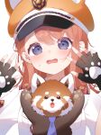  1girl absurdres animal_ear_headwear aoitsuki arms_up black_gloves blue_necktie blush brown_hair cabbie_hat fingerless_gloves gloves hanasato_minori hat highres looking_at_viewer medium_hair necktie orange_hat paw_print paw_print_palms project_sekai red_panda shirt shoulder_boards single_sidelock small_sweatdrop solo upper_body white_background white_shirt 