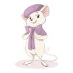  1other artist_logo artist_name bow brown_eyes full_body highres miadresden miss_bianca mouse no_humans open_mouth purple_bow purple_hat simple_background solo standing the_rescuers white_background 