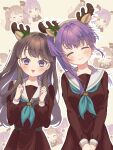  2girls :3 ^_^ absurdres animal_ear_hairband animal_ears antlers aqua_neckerchief blank_eyes blush breasts brown_dress brown_hair brown_hairband chibi chibi_inset clenched_hands closed_eyes closed_mouth commentary_request deer_ears dress fake_animal_ears fake_antlers false_smile fujishima_megumi hairband hands_up hasu_no_sora_school_uniform headbutt highres hiyori_(20hiyori727) holly horns light_brown_background link!_like!_love_live! long_hair long_sleeves looking_at_viewer love_live! medium_breasts multiple_girls neckerchief otomune_kozue outline pleated_dress purple_eyes purple_hair reindeer_antlers sailor_collar sailor_dress school_uniform side_ponytail sidelocks smile speed_lines triangle_mouth two_side_up v_arms white_outline white_sailor_collar winter_uniform 