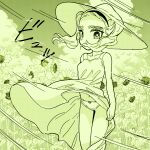  1girl absurdres breasts dress ear_piercing eisu_(eith) field flower flower_field hairband harsha_(eisu) hat highres monochrome navel original panties panties_day pantyshot piercing small_breasts sun_hat sundress sunflower sunflower_field thick_eyebrows translation_request twintails underwear upskirt wind wind_lift 