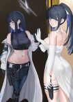  1girl ass asurada_yui back bare_shoulders belt black_belt black_hair black_pants black_shirt black_thighhighs blue_archive blue_eyes blue_hair blue_halo blunt_bangs breasts buckle chest_harness choker cleavage closed_mouth coat colored_inner_hair commentary crop_top different_reflection dress elbow_gloves full-length_mirror garter_straps gloves groin halo harness highres holster knife knife_sheath large_breasts long_hair looking_at_viewer looking_back midriff mirror multicolored_hair navel no_mask off_shoulder official_alternate_costume official_alternate_hairstyle pants ponytail reflection saori_(blue_archive) saori_(dress)_(blue_archive) sheath shirt sidelocks sleeveless sleeveless_shirt snap-fit_buckle standing strapless strapless_dress taut_clothes taut_shirt thigh_holster thigh_sheath thigh_strap thighhighs two-tone_hair white_choker white_coat white_dress white_garter_straps white_gloves 