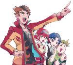  1girl 3boys ayu_(yu-gi-oh!) black_hair black_shirt blue_eyes blue_hair brown_eyes brown_hair futoshi_(yu-gi-oh!) green_hair highres hiiragi_shuzou jacket multiple_boys open_mouth print_shirt red_hair red_jacket shirt short_hair spiked_hair tasutekete tatsuya_(yu-gi-oh!) teeth upper_teeth_only yu-gi-oh! yu-gi-oh!_arc-v 