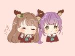  2girls :3 :| ^^^ ^_^ animal_ears antlers aqua_neckerchief blush brown_dress brown_hair chibi chibi_only clenched_hands closed_eyes closed_mouth commentary_request deer_ears dress fake_animal_ears fake_antlers flower fujishima_megumi green_eyes hair_bun hair_flower hair_ornament hands_up hasu_no_sora_school_uniform headbutt highres hiyori_(20hiyori727) horns link!_like!_love_live! long_hair long_sleeves looking_at_viewer love_live! motion_lines multiple_girls neckerchief no_pupils otomune_kozue pink_background purple_hair red_flower reindeer_antlers sailor_collar sailor_dress school_uniform side_ponytail sidelocks simple_background single_side_bun translation_request two_side_up virtual_youtuber white_sailor_collar winter_uniform 