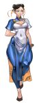  1girl arms_behind_back breasts brown_eyes brown_hair chinese_clothes chun-li cleavage_cutout clothing_cutout double_bun full_body hair_bun highres juaag_acgy light_smile short_hair street_fighter street_fighter_6 thick_thighs thighs walking 