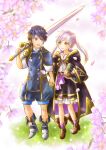  1boy 1girl black_robe blue_eyes blue_hair book boots brown_footwear chrom_(child)_(fire_emblem) chrom_(fire_emblem) commentary_request fire_emblem fire_emblem_awakening fire_emblem_heroes flower gold_trim highres holding holding_book holding_hands holding_sword holding_weapon moverabbit0305 on_grass outdoors purple_flower robe robin_(female)_(child)_(fire_emblem) robin_(female)_(fire_emblem) robin_(fire_emblem) sword twintails walking weapon yellow_eyes 