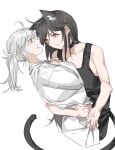  2girls ahoge animal_ears arm_around_waist bare_arms black_choker black_tank_top cat_ears cat_girl cat_tail choker closed_mouth commentary_request fang hands_on_another&#039;s_waist highres kemonomimi_mode long_hair long_sleeves looking_at_another molu_stranger multiple_girls nijisanji open_mouth orange_eyes pink_eyes shirayuki_tomoe shirt simple_background sukoya_kana tail tank_top twintails upper_body virtual_youtuber white_background white_hair white_shirt yuri 