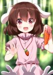  1girl :d animal_ears bamboo bamboo_forest blush brown_hair carrot carrot_necklace commentary_request dress floppy_ears food forest highres holding holding_food holding_vegetable inaba_mob_(touhou) inaba_tewi jewelry nature necklace open_mouth outdoors pink_dress puffy_short_sleeves puffy_sleeves rabbit_ears rabbit_girl red_eyes ribbon-trimmed_dress ruu_(tksymkw) short_hair short_sleeves smile solo touhou upper_body vegetable 