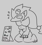 2_frame_animation animated anthro biped bodily_fluids crying english_text female fur generation_5_pokemon hi_res holding_object holding_pen kneeling monochrome nintendo pen pokemon pokemon_(species) short_loop short_playtime sign simple_background solo svkhaiminh tears text zoroark