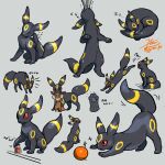  ball biting closed_eyes eevee glass_bottle grey_background highres hissing looking_ahead looking_at_viewer mouth_hold multiple_views playing pokemon pokemon_(creature) pouncing rearing red_eyes scratches simple_background sitting sleeping sparkle standing trembling umbreon yamamura_le 