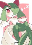  bags_under_eyes blush colored_skin green_hair hair_over_one_eye highres horns ino_(tellu0120) kirlia looking_at_viewer looking_down multicolored_skin open_mouth pink_background pink_eyes pokemon pokemon_(creature) sidelocks simple_background sweat two-tone_skin white_skin 