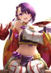  1girl :o bangs bare_shoulders blush breasts cup earrings eyebrows_visible_through_hair hair_between_eyes hair_ornament hands_up highres holding jewelry kamimusubi_(p&amp;d) kanaria_(kanari_as) large_breasts looking_at_viewer navel open_mouth purple_eyes puzzle_&amp;_dragons sakazuki short_hair sideboob simple_background sitting solo stomach upper_teeth white_background 