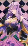 1girl armor breasts camilla_(alluring_darkness)_(fire_emblem) camilla_(fire_emblem) cleavage crown dlllll_lllllb dress fake_horns fire_emblem fire_emblem_fates fire_emblem_heroes frills gloves hair_over_one_eye highres horns large_breasts long_hair looking_at_viewer official_alternate_costume purple_dress purple_eyes purple_gloves purple_hair smile solo tiara very_long_hair wavy_hair 