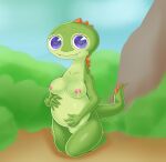  anthro belly big_belly breasts female green_body hi_res milk pregnant pregnant_belly pregnant_female purple_eyes scales solo spiked_tail spikes spikes_(anatomy) takaneru_(artist) the_legend_of_zelda:_oracle_of_ages tokay 