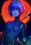  1girl android artist_name black_hair breasts collarbone commentary covered_navel full_moon glowing glowing_eyes highres holding holding_staff joints lips looking_at_viewer metis_(persona) moon parted_lips persona persona_3 red_eyes red_moon robot_ears robot_joints short_hair small_breasts solo staff takanoezz upper_body 