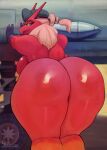 anthro avian back_boob big_breasts big_butt bird blaziken blue_eyes breasts butt female generation_3_pokemon gobsmacker hair hi_res huge_butt looking_at_viewer looking_back nintendo pokemon pokemon_(species) rear_view red_body solo