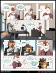 anthro aycee ben_(roanoak) brown_body brown_fur brown_hair canid canine clothed clothing eyewear fur glasses hair hi_res male mammal maned_wolf mustelid musteline necktie red_eyes solo stoat true_musteline weasel white_body white_fur