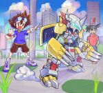  ! 3boys armor black_hair blue_shirt blurry blurry_background brown_hair brown_shorts building city cloud crotch_plate digimon digimon_adventure dragon gloves glowing glowing_eyes goggles goggles_on_head highres horns humanoid_robot mechanical_wings medarot medium_hair multiple_boys non-humanoid_robot oomasa_teikoku outdoors outstretched_arm red_hair red_shirt robot robot_dragon shirt shoes shorts skyscraper spiked_hair spikes tenryou_ikki wargreymon watch white_footwear white_gloves wings wristwatch yagami_taichi yellow_armor 