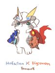  765_nanami absurdres cape cat character_name cosplay digimon hand_puppet highres no_humans omegamon omegamon_(cosplay) puppet red_cape simple_background spikes standing white_background white_helmet 