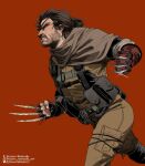  1boy asymmetrical_gloves beard biscoito_reche boots brown_hair claw_(weapon) combat_boots cosplay eyepatch facial_hair gloves gun highres marvel mechanical_arms metal_gear_(series) metal_gear_solid_v:_the_phantom_pain midair mismatched_gloves prosthesis prosthetic_arm red_background rifle running venom_snake venom_snake_(cosplay) weapon wolverine x-men 
